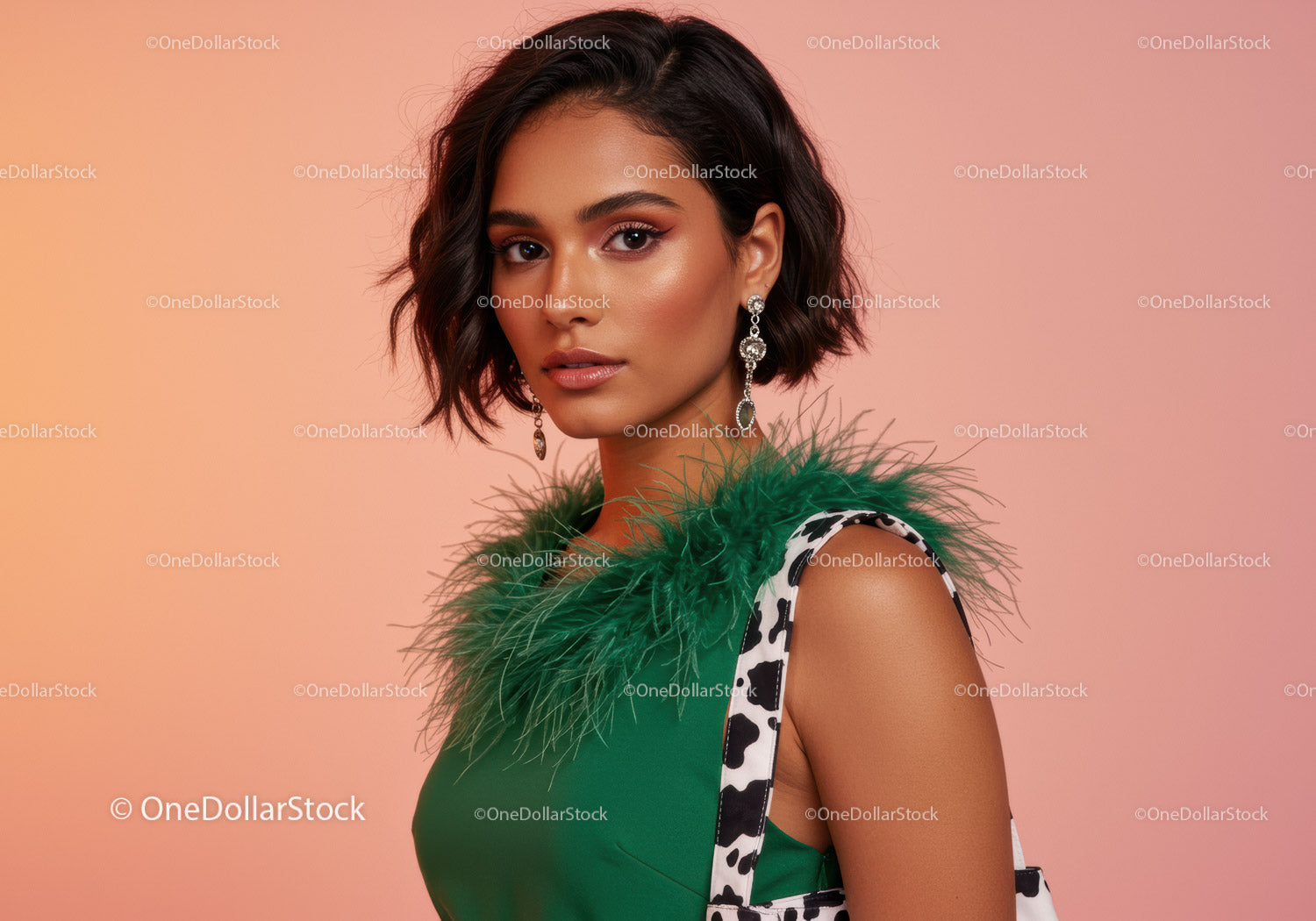 Stylish Woman in Green Dress with Feather Detail and Jewelry