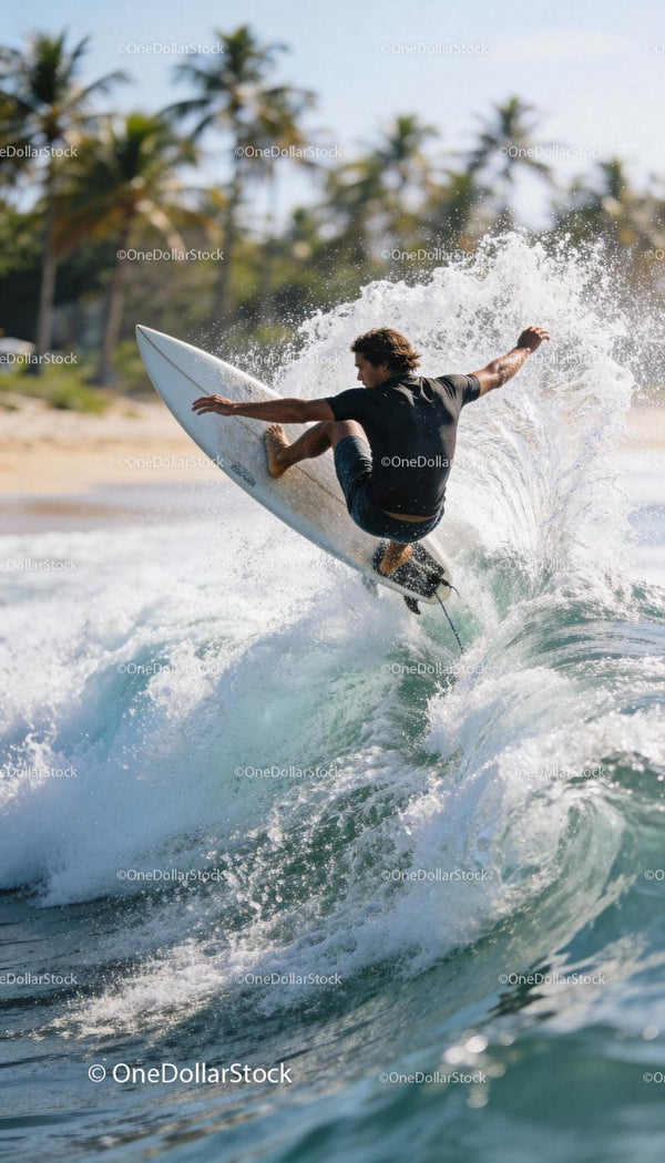 Surfer riding powerful wave near tropical beach