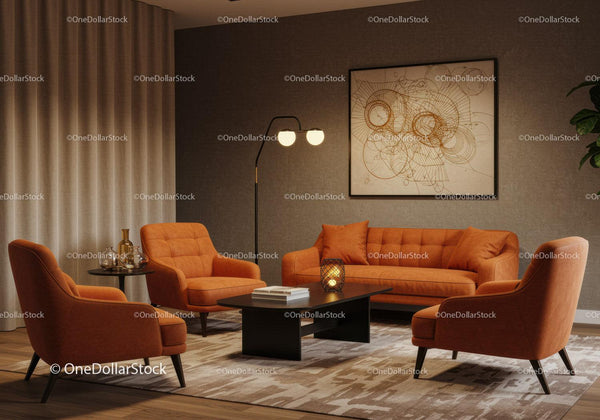 Modern living room with orange sofas and ambient lighting