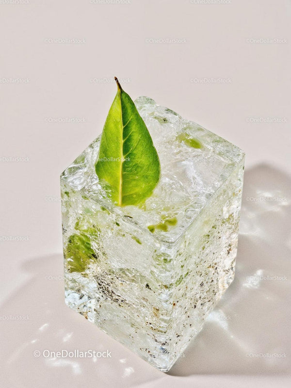 Fresh green leaf embedded in clear ice cube