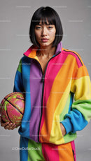 Vibrant Young Woman in Rainbow Fleece Holding Basketball