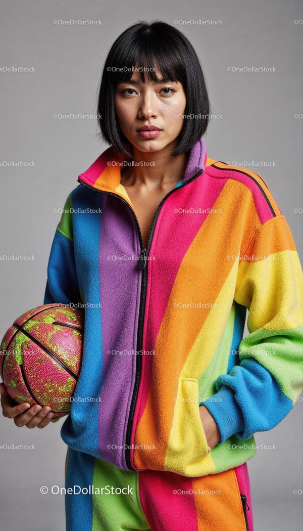 Vibrant Young Woman in Rainbow Fleece Holding Basketball