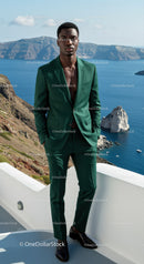 Confident man in green suit with ocean view background