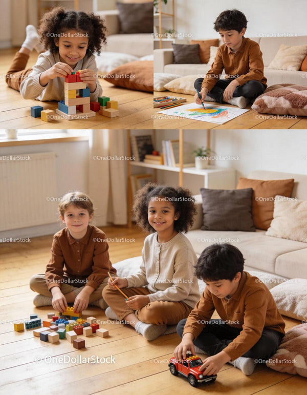 Children Engaged in Creative Play and Drawing at Home