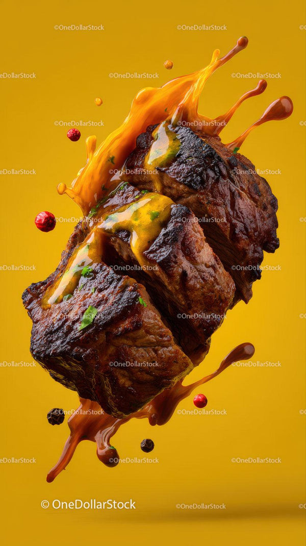 Juicy Grilled Steak with Splashes of Sauce in Dynamic Composition