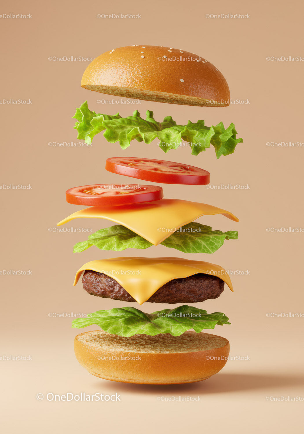 Classic cheeseburger ingredients floating on neutral background
