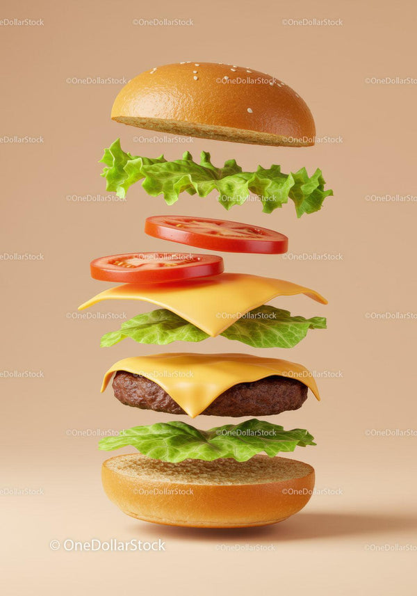 Classic cheeseburger ingredients floating on neutral background