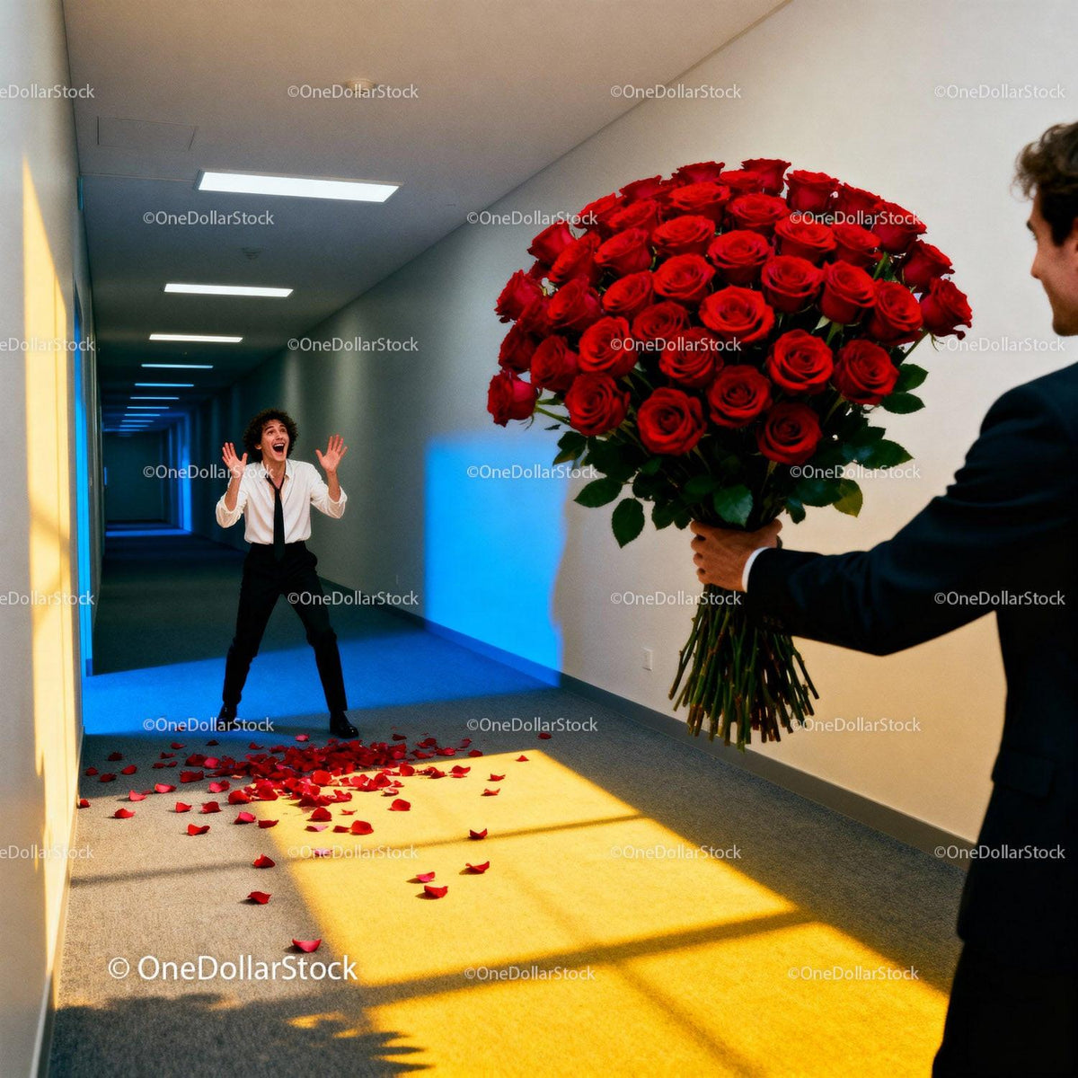 Joyful surprise with giant bouquet of red roses