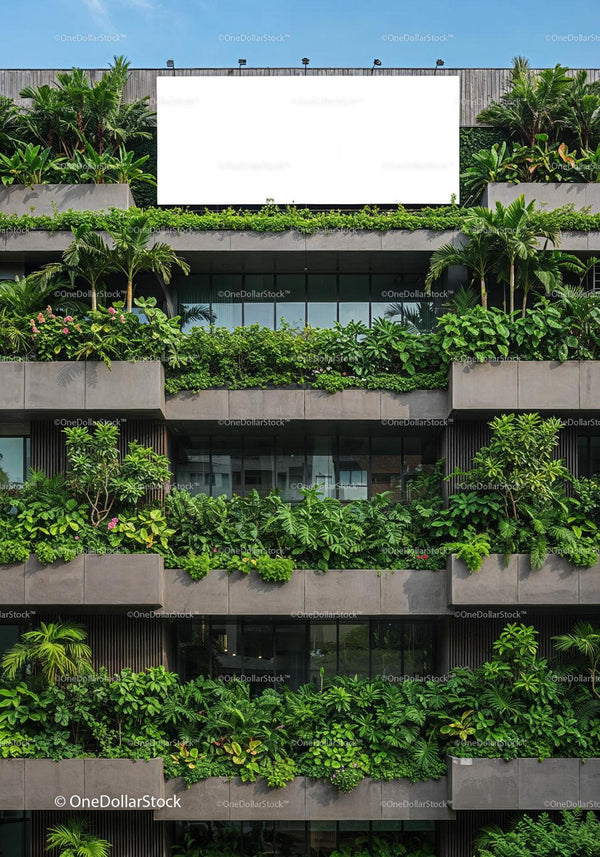 Modern building facade with lush green vertical garden JPG Mockup Image