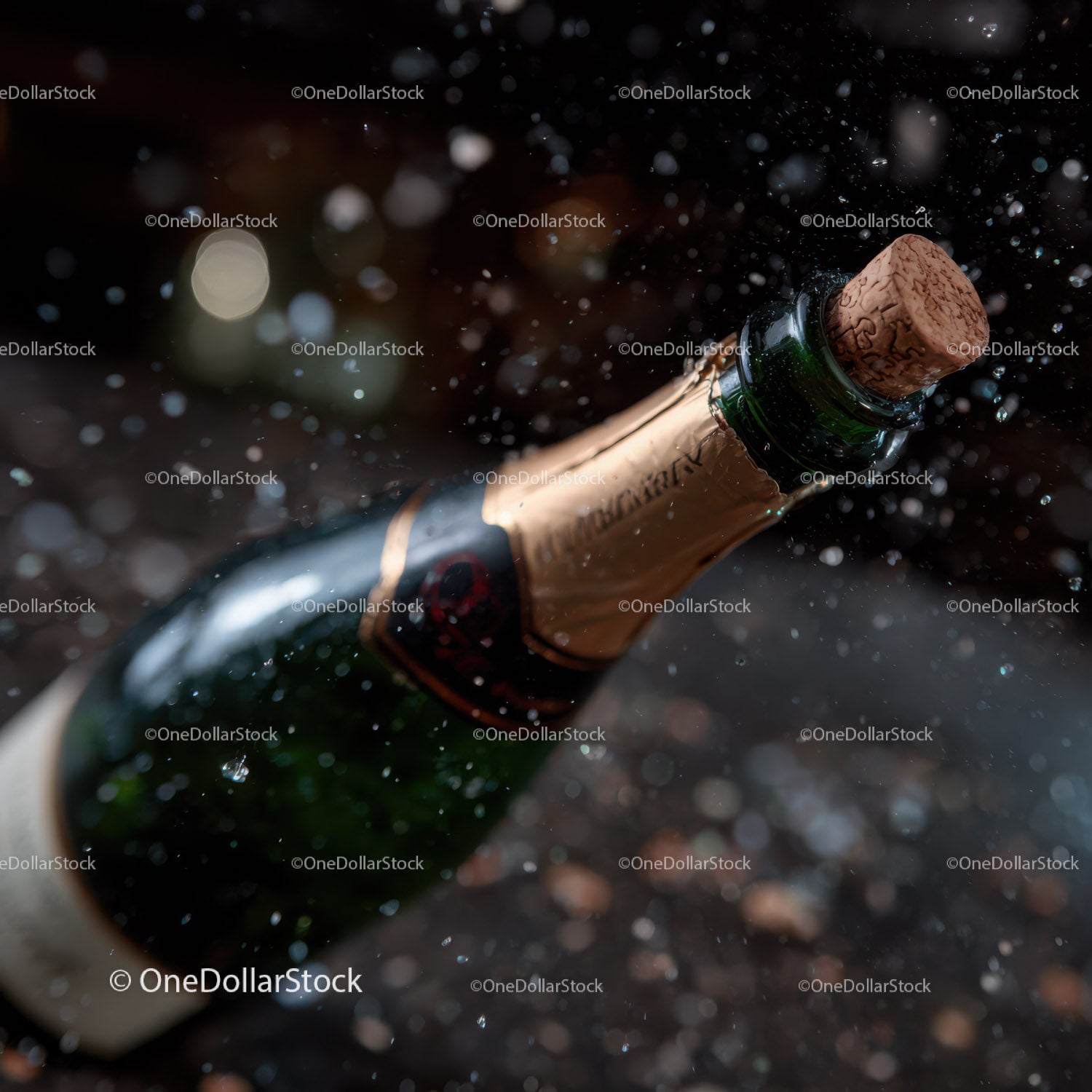 Champagne Bottle with Popping Cork and Bubbles in Celebration Setting