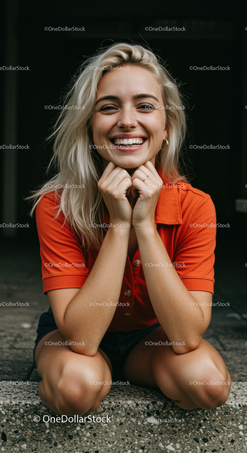Smiling young woman in orange shirt sitting on steps