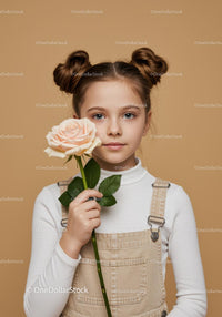 Young Girl with Pale Peach Rose Portrait on Soft Beige Background