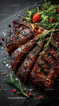 Grilled Beef Ribs with Fresh Green Herbs on Plate