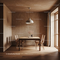 Modern Cozy Dining Room with Wooden Table and Beige Walls