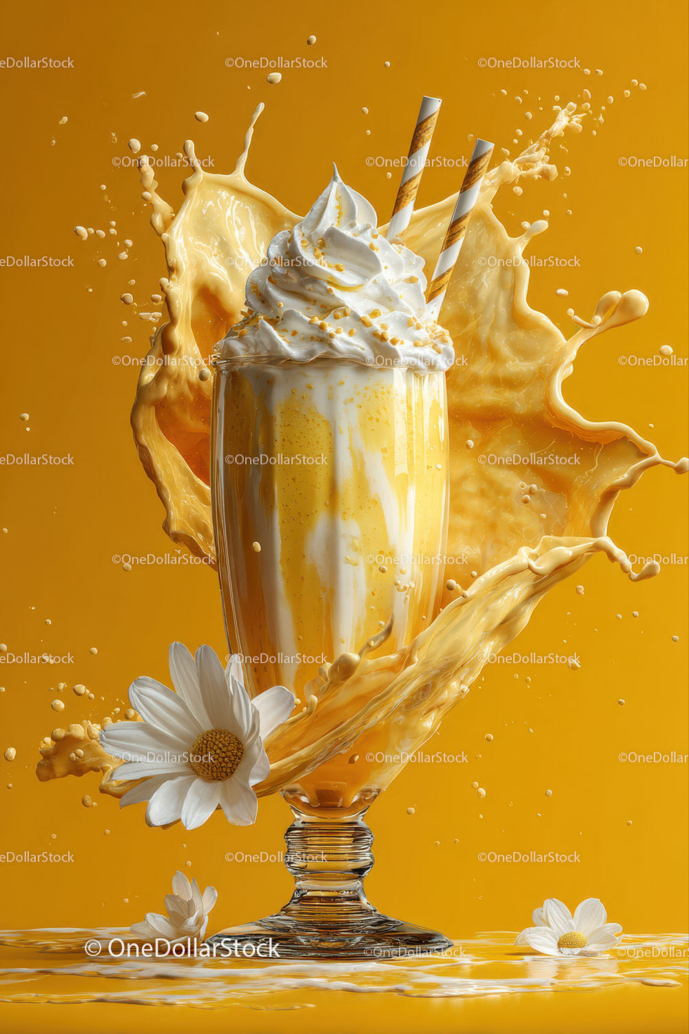 Creamy Milkshake with Whipped Cream in Elegant Glass on Yellow Background