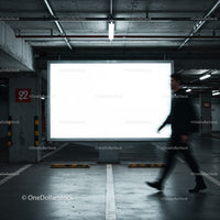 Blurred man walking past empty lighted billboard in parking garage