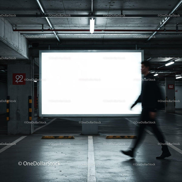 Blurred man walking past empty lighted billboard in parking garage JPG Mockup Image