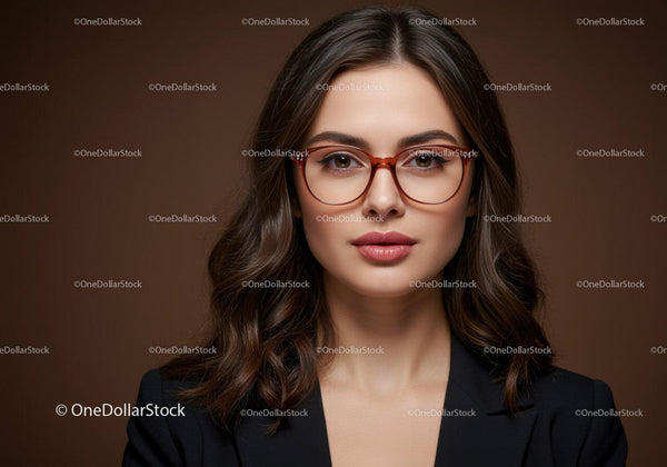 Elegancka kobieta w okularach i z brązowymi włosami na profesjonalnym portrecie