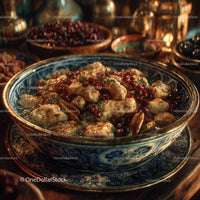 Moroccan Chicken and Pomegranate Tagine in Ornate Ceramic Dish