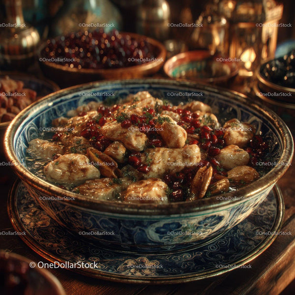 Moroccan Chicken and Pomegranate Tagine in Ornate Ceramic Dish
