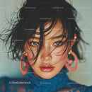 Vibrant Young Woman with Blue Eyes and Messy Black Hair