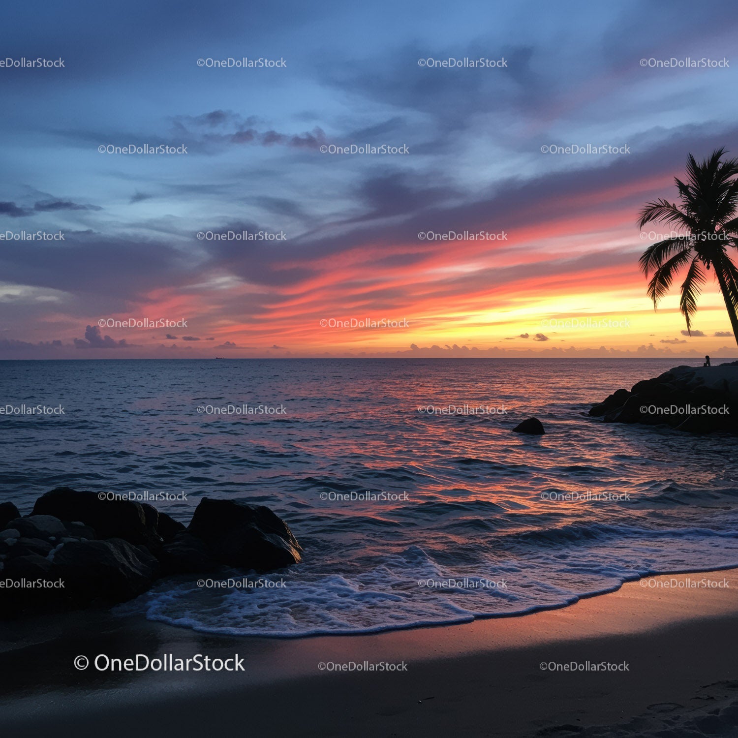 Serene Sunset over Tropical Beach with Palms and Colorful Sky