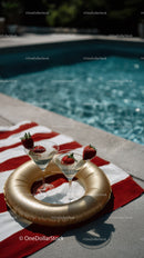 Refreshing Strawberry Cocktails by the Pool with Inflatable Float