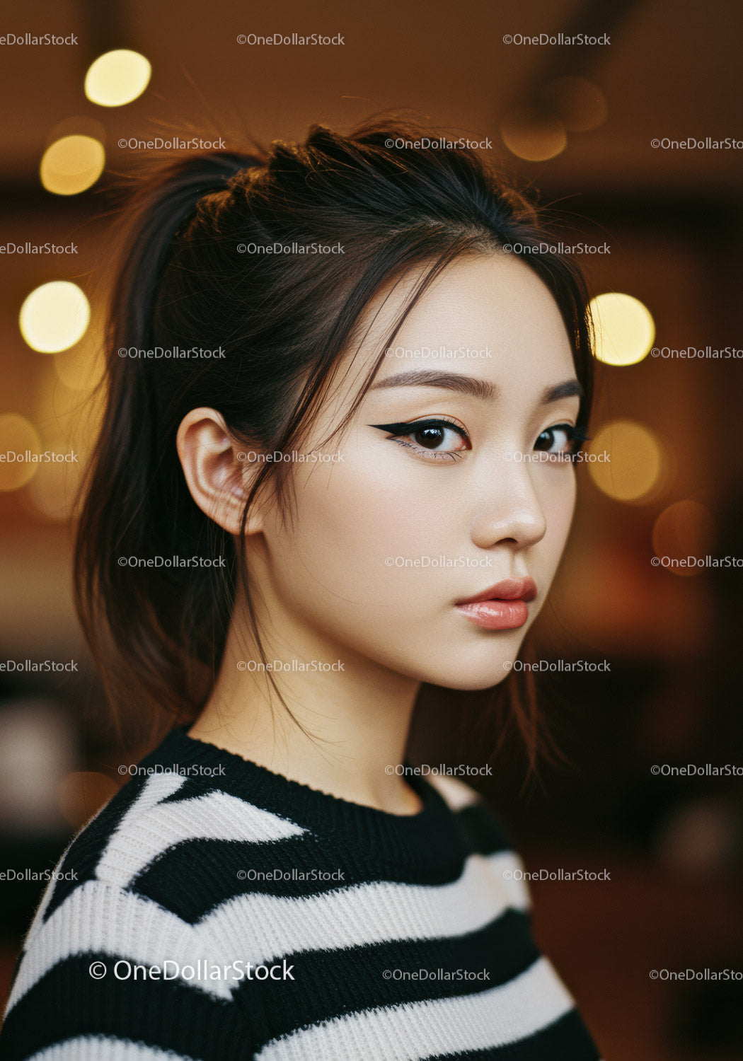 Stylish Young Woman in Striped Sweater with Artistic Makeup Indoor