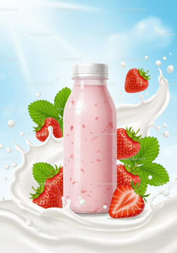 Refreshing Strawberry Yogurt Drink with Fresh Berries JPG Mockup Image