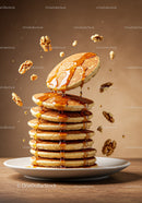 Stack of golden pancakes with syrup and walnuts