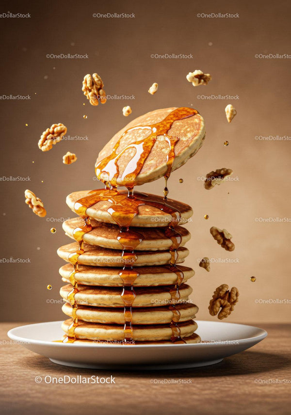 Stack of golden pancakes with syrup and walnuts