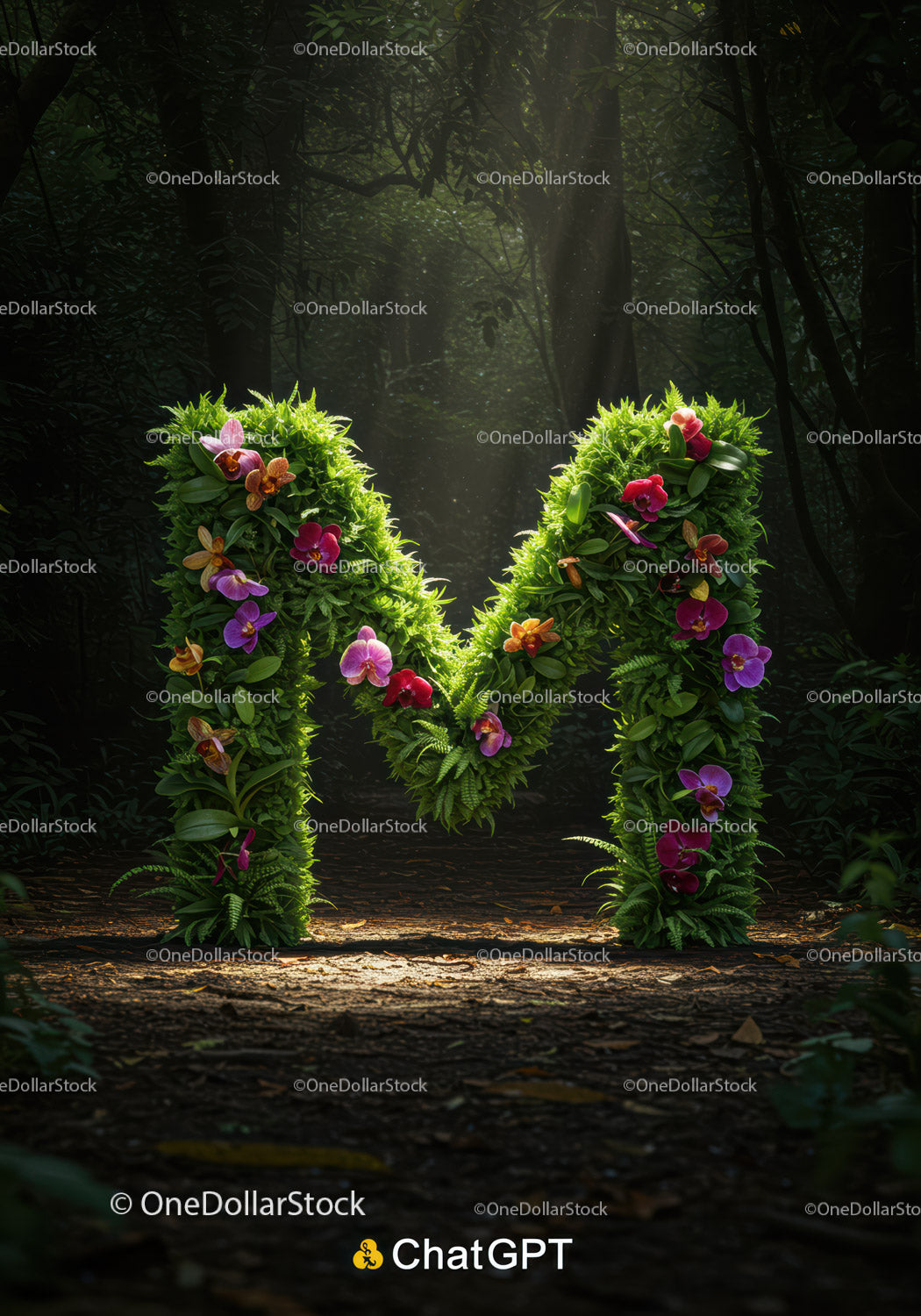 Green Floral Letter M Illuminated in Forest Darkness