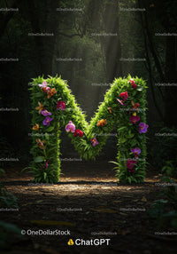 Green Floral Letter M Illuminated in Forest Darkness
