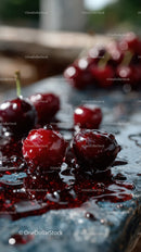 Juicy Red Cherries on a Wet Surface in Bright Natural Light