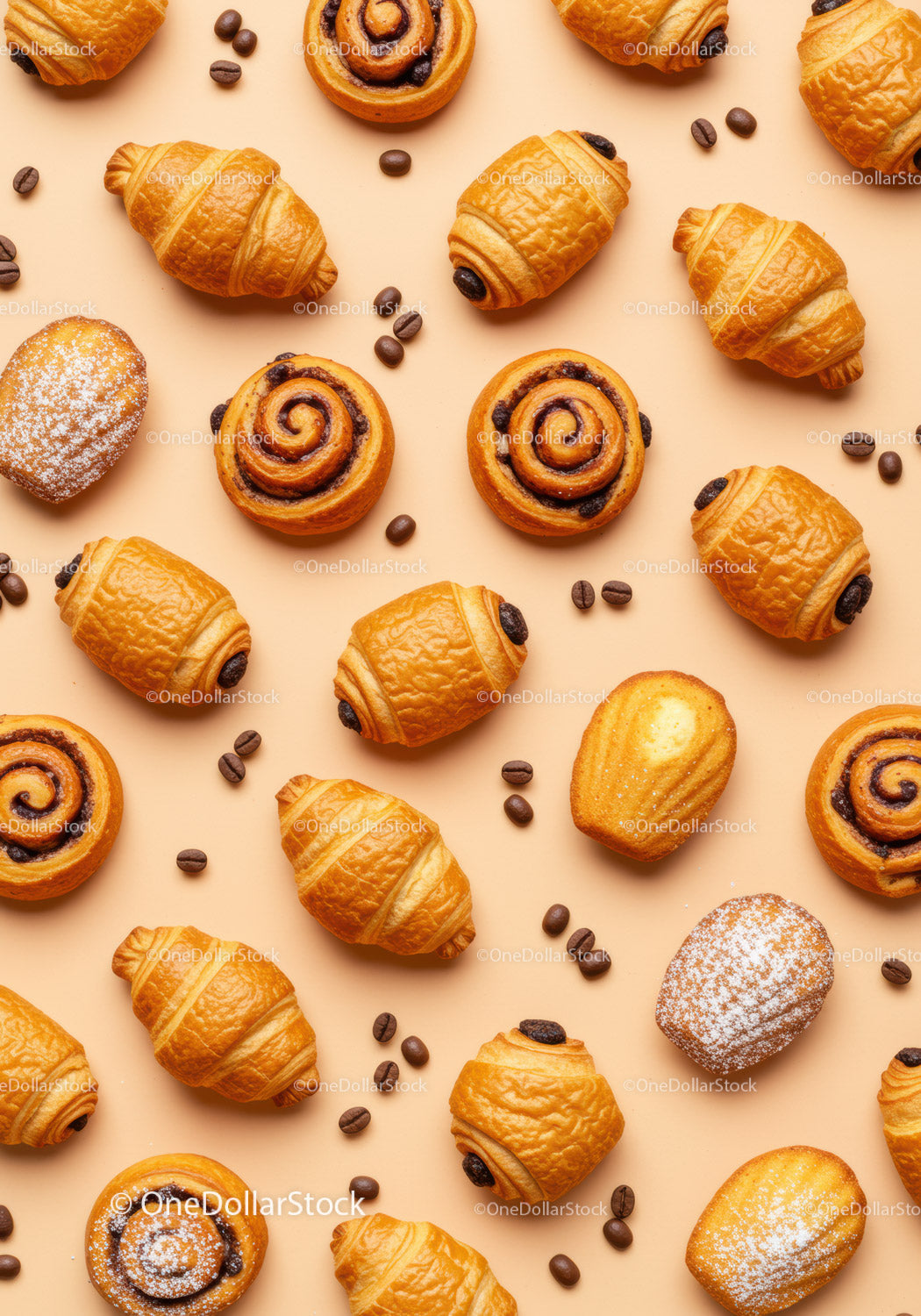 Assorted Fresh Pastries and Coffee Beans on Beige Background