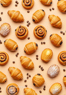 Assorted Fresh Pastries and Coffee Beans on Beige Background