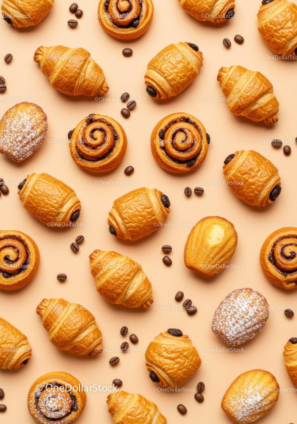 Assorted Fresh Pastries and Coffee Beans on Beige Background