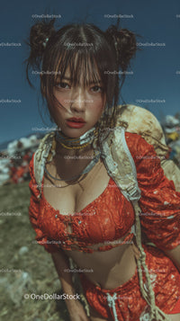 Vibrant Red Fashion Model with Outdoor Stylish Attire