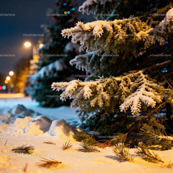 Snowy Pine Tree Branches with Warm Street Lights at Night
