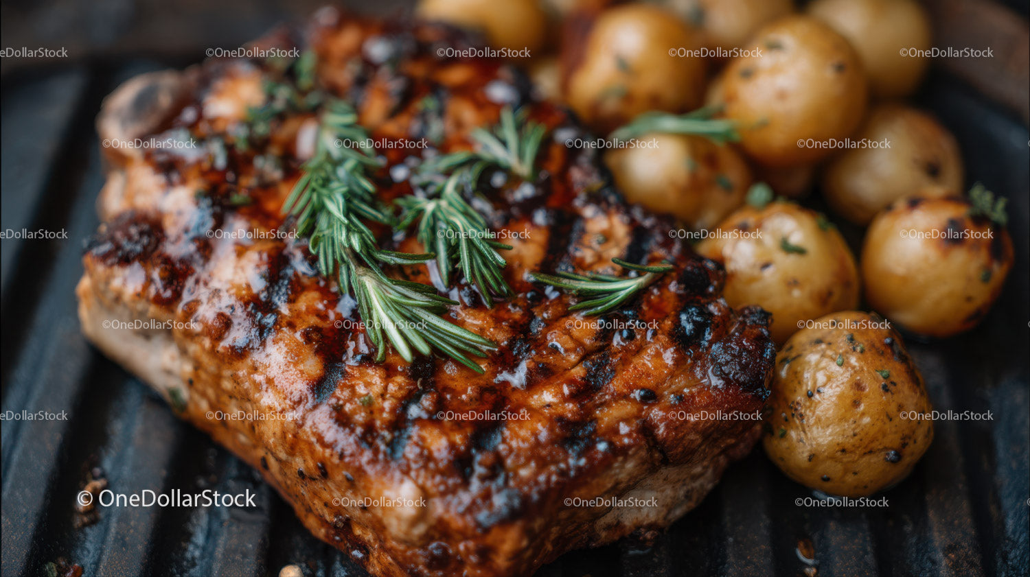 Soczysty grillowany stek z pieczonymi ziemniakami i świeżym rozmarynem