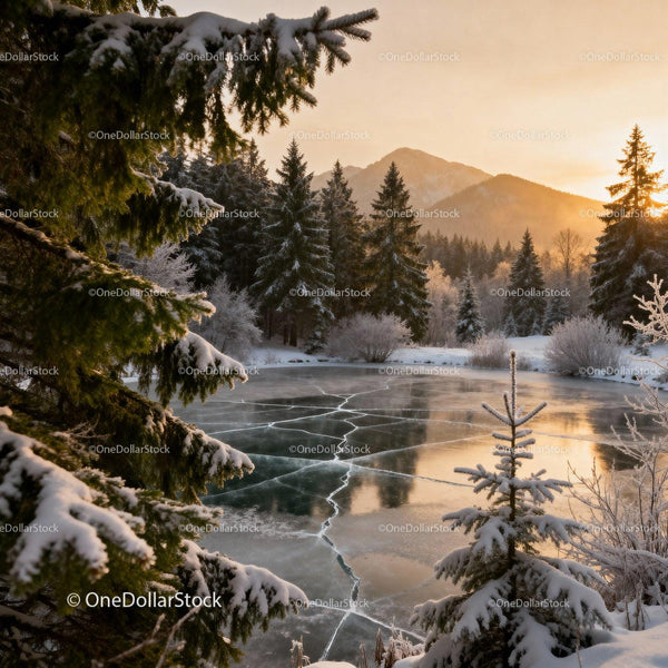 Frozen Lake and Snowy Pine Trees at Winter Sunrise
