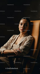 Confident Woman in Classic Blazer Sitting in Modern Studio
