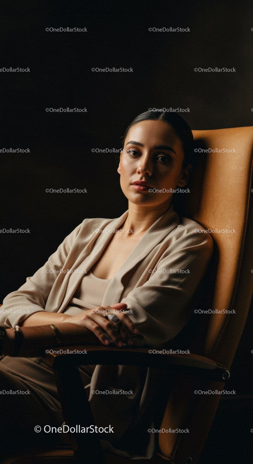Confident Woman in Classic Blazer Sitting in Modern Studio
