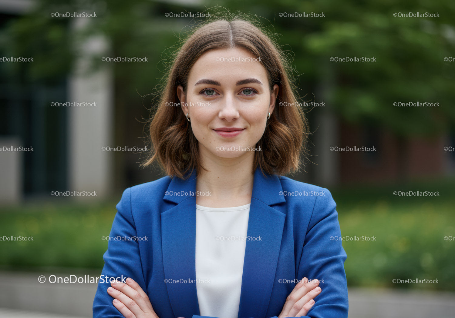Pewna siebie bizneswoman w niebieskim blezerze stojąca na zewnątrz