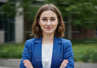 Confident Business Woman in Blue Blazer Standing Outdoors