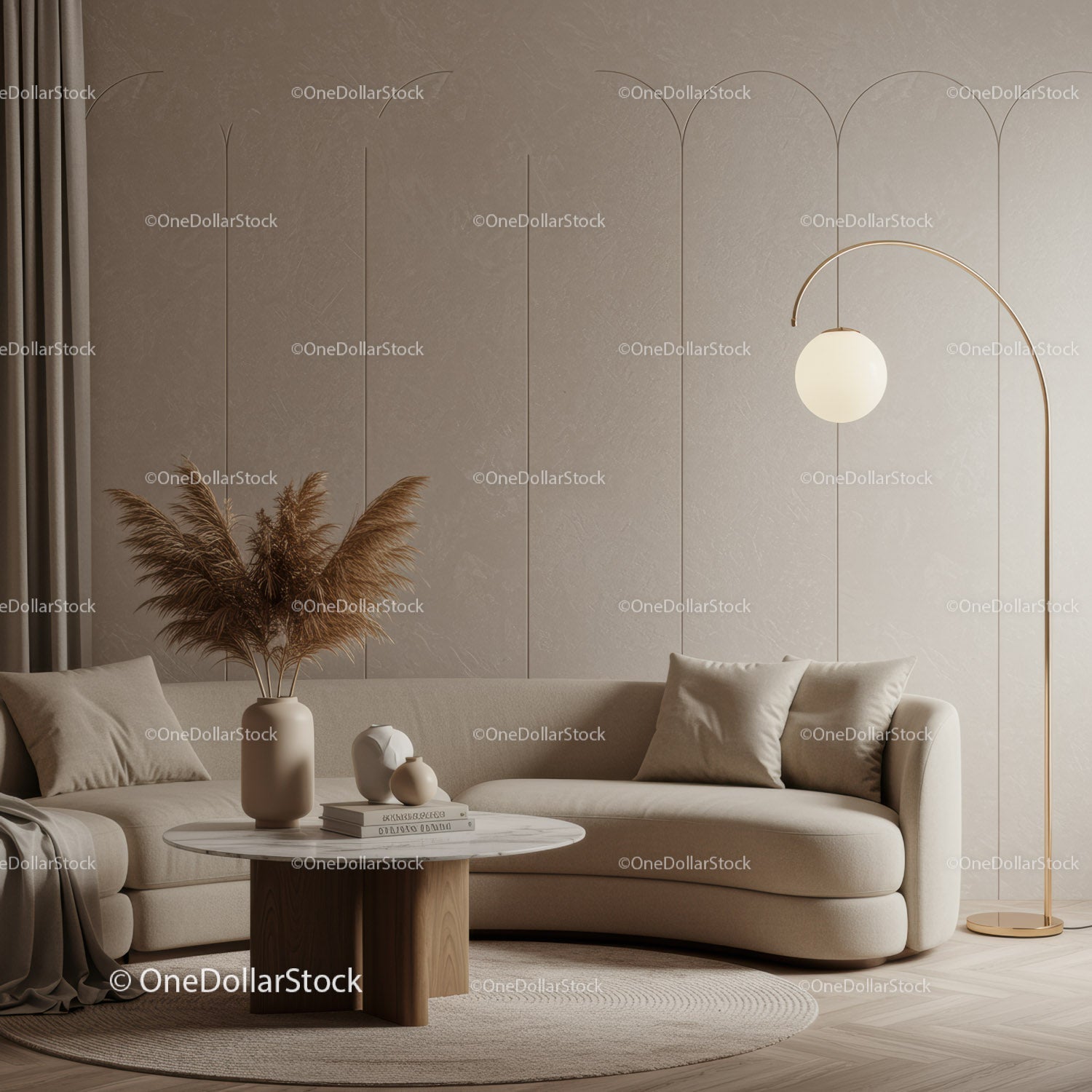 Przytulny, neutralny salon z nowoczesną, zakrzywioną sofą