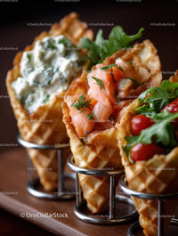 Assorted Waffle Cone Appetizers with Salmon Herb Dip and Tomatoes