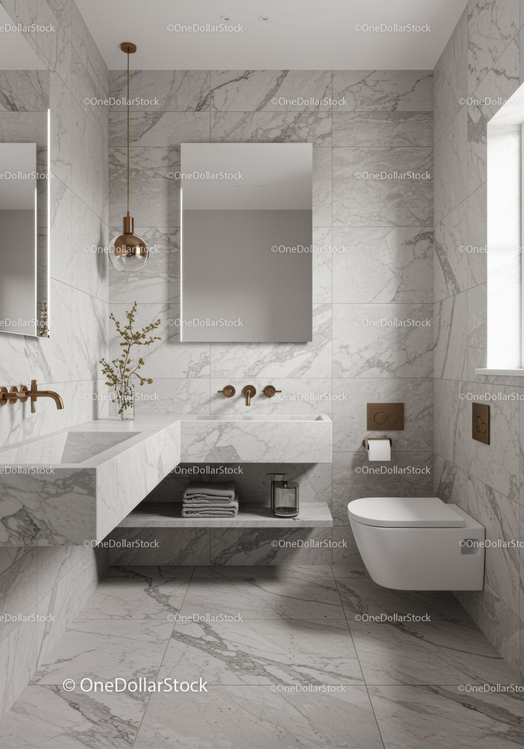 Elegant Marble Bathroom with Wall-Mounted Toilet and Bronze Accents