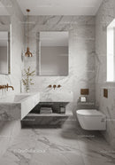 Elegant Marble Bathroom with Wall-Mounted Toilet and Bronze Accents