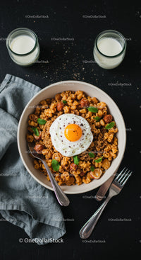 Savory pasta bowl topped with fried egg and greens